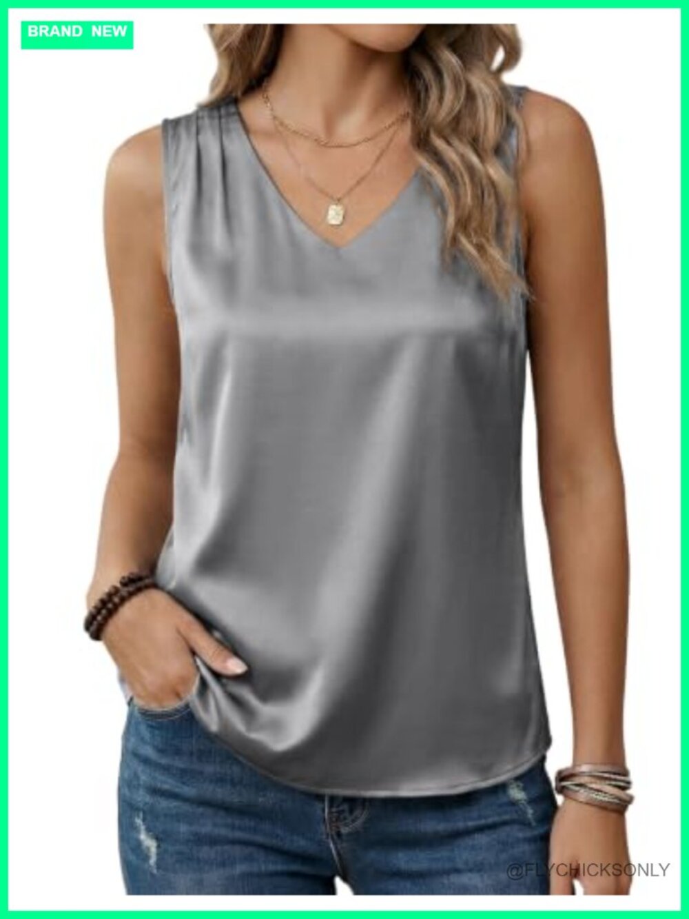 Satin V Neck Pleated Tank Top Sleeveless Silk Camisole Blouse